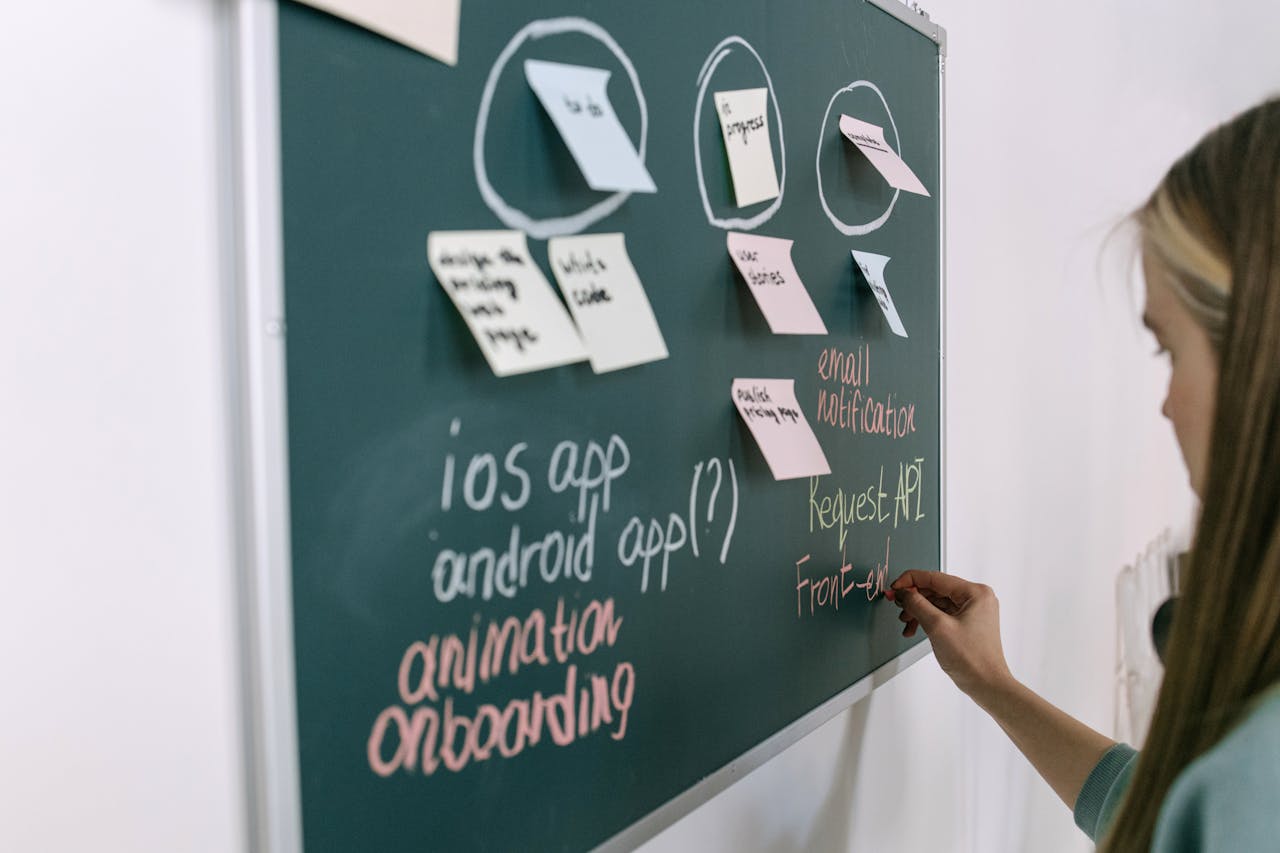 Woman writing on chalkboard during a brainstorming session in an office setting.